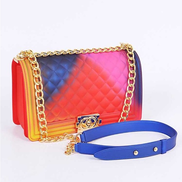 Multicolored Blue, Pink, Red, Yellow Gradient Jelly Quilted Chain Bag - Picture 1 of 1